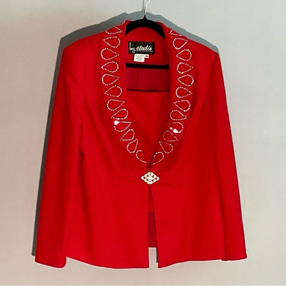 BMJ Studio Red Rhinestone Embellished Evening Jacket 16W w/ Removable Dickey - Picture 5 of 16